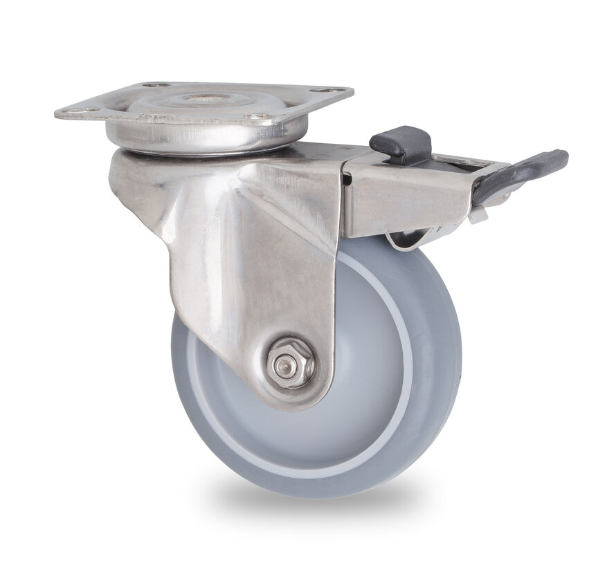 swivel castor with brake, Ø 50 mm, grey non-stretching thermoplastic rubber tyre, 50KG