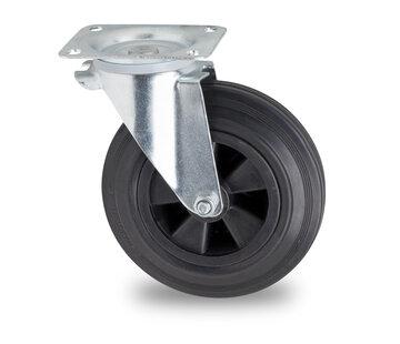 zwenkwiel voor afvalbak, Ø 200mm, zwarte rubberband, 200KG