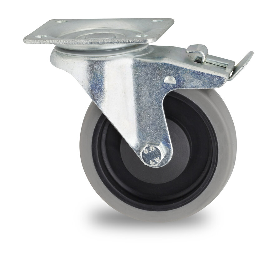 swivel castor with brake, Ø 100 mm, grey non-marking thermoplastic rubber tyre, 115KG