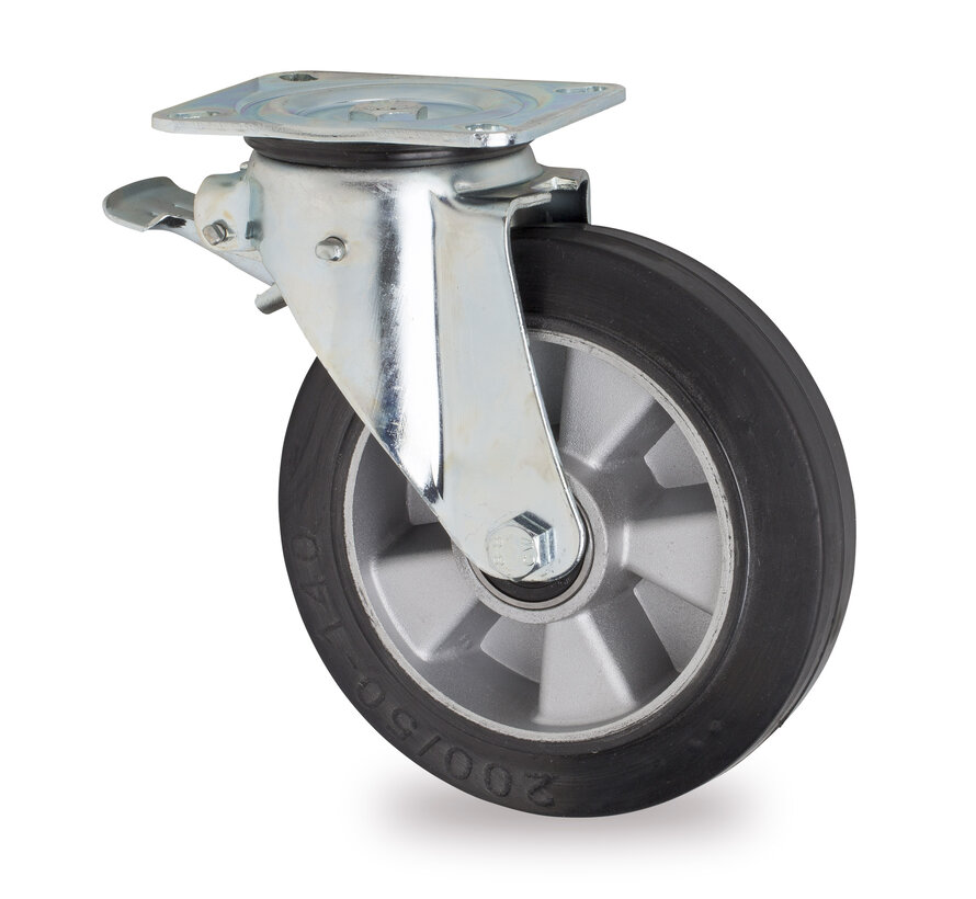 swivel castor with brake, Ø 200 mm, elasticated rubber tyre, 400KG