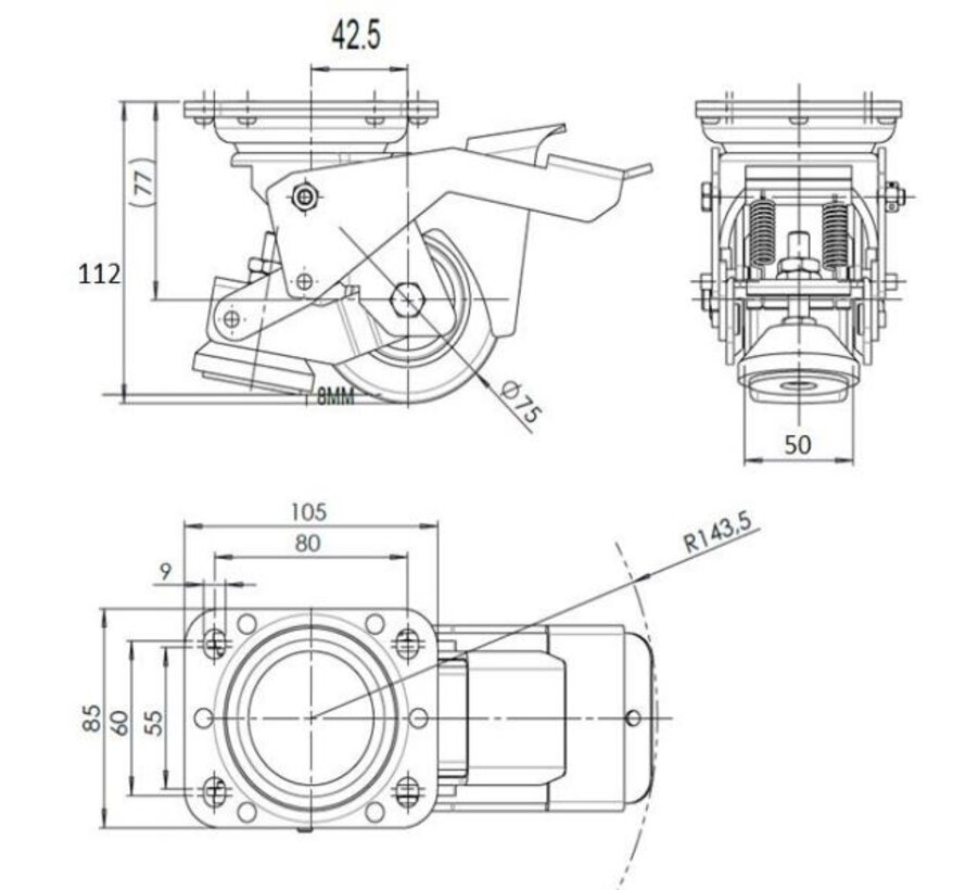 Lifting swivel castor with adjustable foot