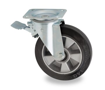 zwenkwiel met rem, voor afvalbak, Ø 200mm, zwarte elastische rubberband, 400KG