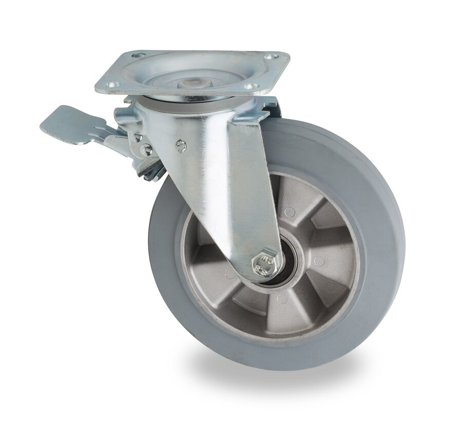 swivel castor with brake, for waste bin, Ø 200mm, grey elasticated rubber tyre, 400KG