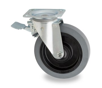 swivel castor with brake for waste bin, Ø 200 mm, grey elasticated rubber tyre, 400KG