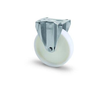 AISI 316 stainless steel fixed castor, plate fitting, full nylon wheel, sliding bearing, Wheel-Ø 100mm, 150KG