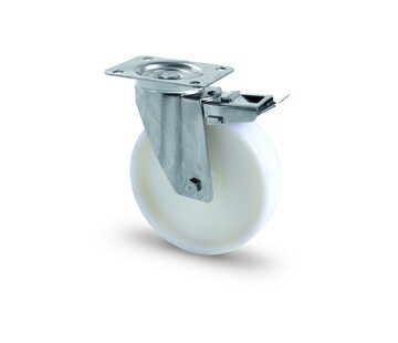 RVS AISI 316 zwenkwiel met rem, plaatbevestiging, vol nylon wiel, glijdlager, Wiel-Ø 80mm, 150KG