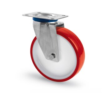 AISI 316 stainless steel swivel castor, plate fitting, polyurethane wheel, sliding bearing, Wheel-Ø 100mm, 150KG