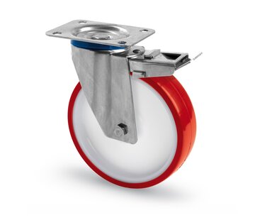 RVS AISI 316 zwenkwiel met rem, plaatbevestiging, polyurethaan wiel, glijdlager, Wiel-Ø 100mm, 150KG