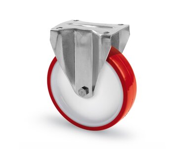 Stainless steel AISI 316 fixed castor, polyurethane wheel, sliding bearing, Wheel-Ø 100mm, 150KG