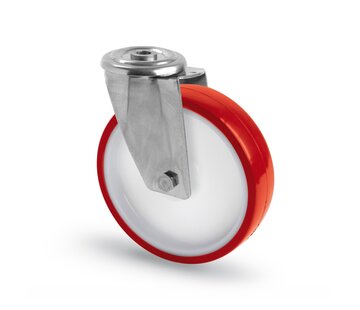 RVS AISI 316 zwenkwiel, boutgat bevestiging, polyurethaan wiel, glijdlager, Wiel-Ø 80mm, 150KG