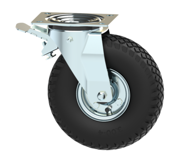 Swivel castor with brake Ø 260mm, pneumatic tyre block profile, 150KG