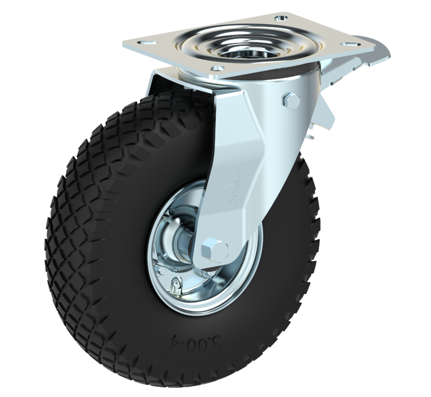 Swivel castor with brake from pressed steel, plate fitting, pneumatic tyre block profile, roller bearing, Wheel-Ø 260mm, 150KG