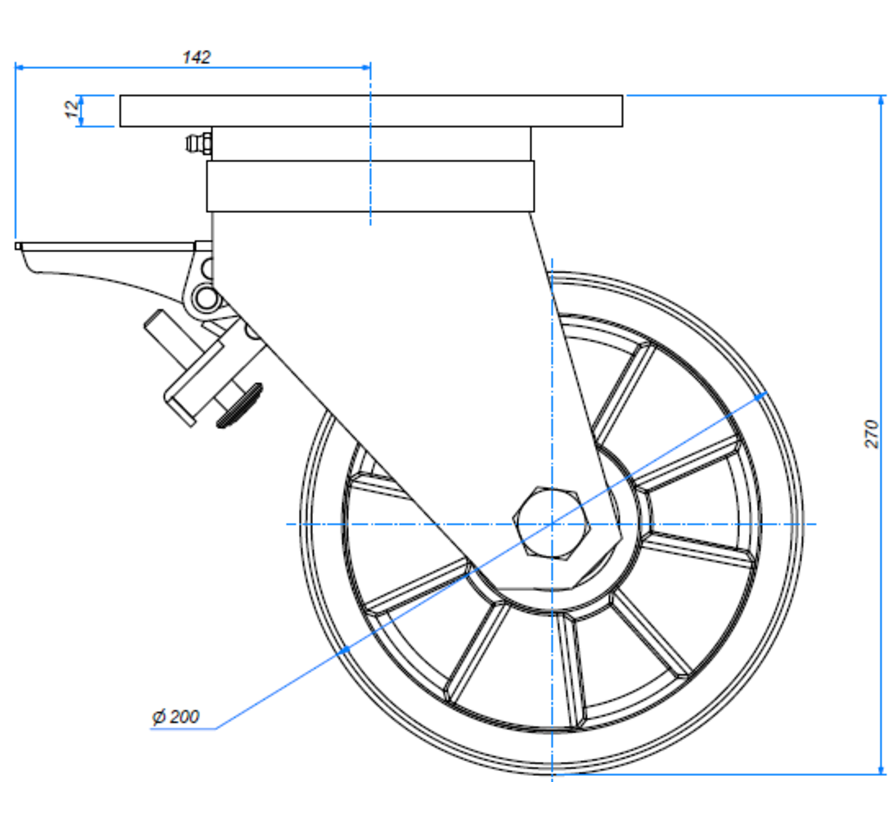 zwenkwiel met rem, Ø 200mm, nylon (PA6), 1600KG