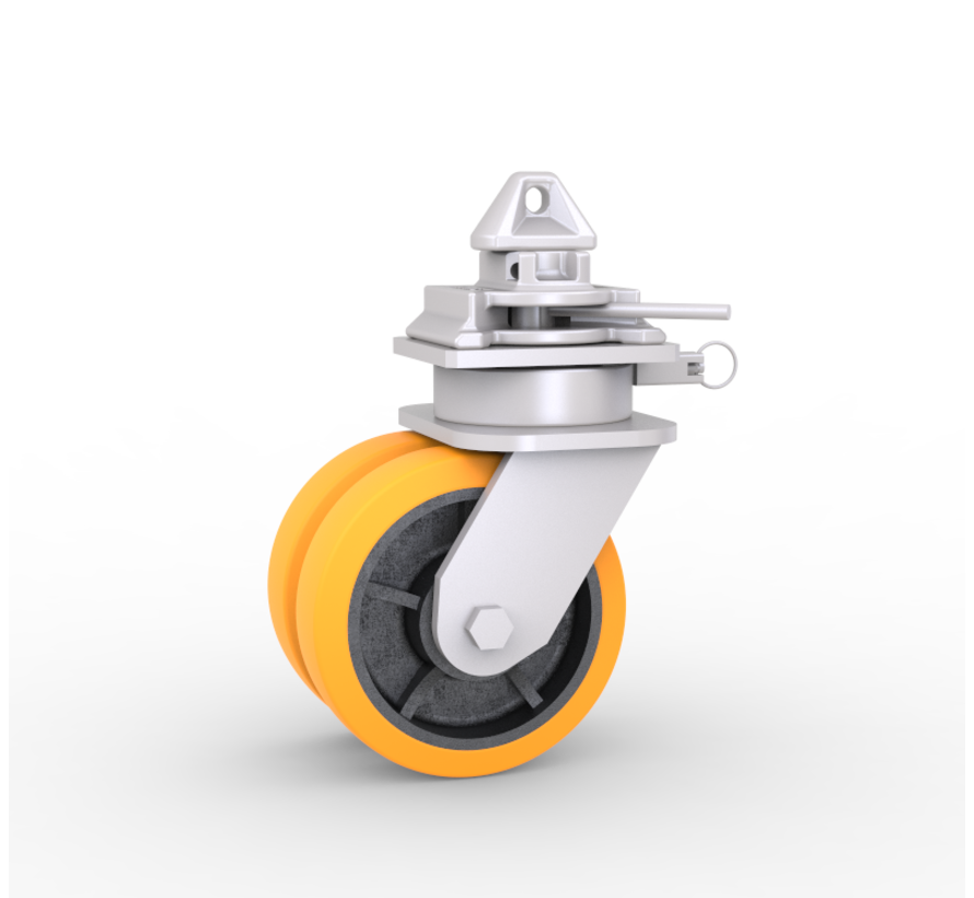 4 x Swivel castors for container. Combined load capacity at 4 km/h: 9,500 kg. Includes brake system, directional lock and twist-lock for mounting on 1161 ISO corner castings.