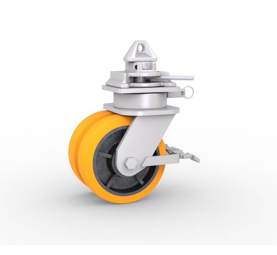 4 x Swivel castors for container. Combined load capacity at 4 km/h: 9,500 kg. Includes brake system, directional lock and twist-lock for mounting on 1161 ISO corner castings.