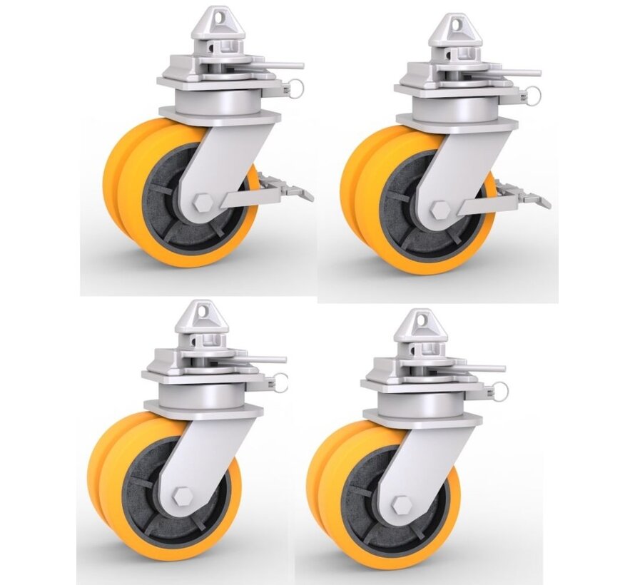 4 x Swivel castors for container. Combined load capacity at 4 km/h: 9,500 kg. Includes brake system, directional lock and twist-lock for mounting on 1161 ISO corner castings.