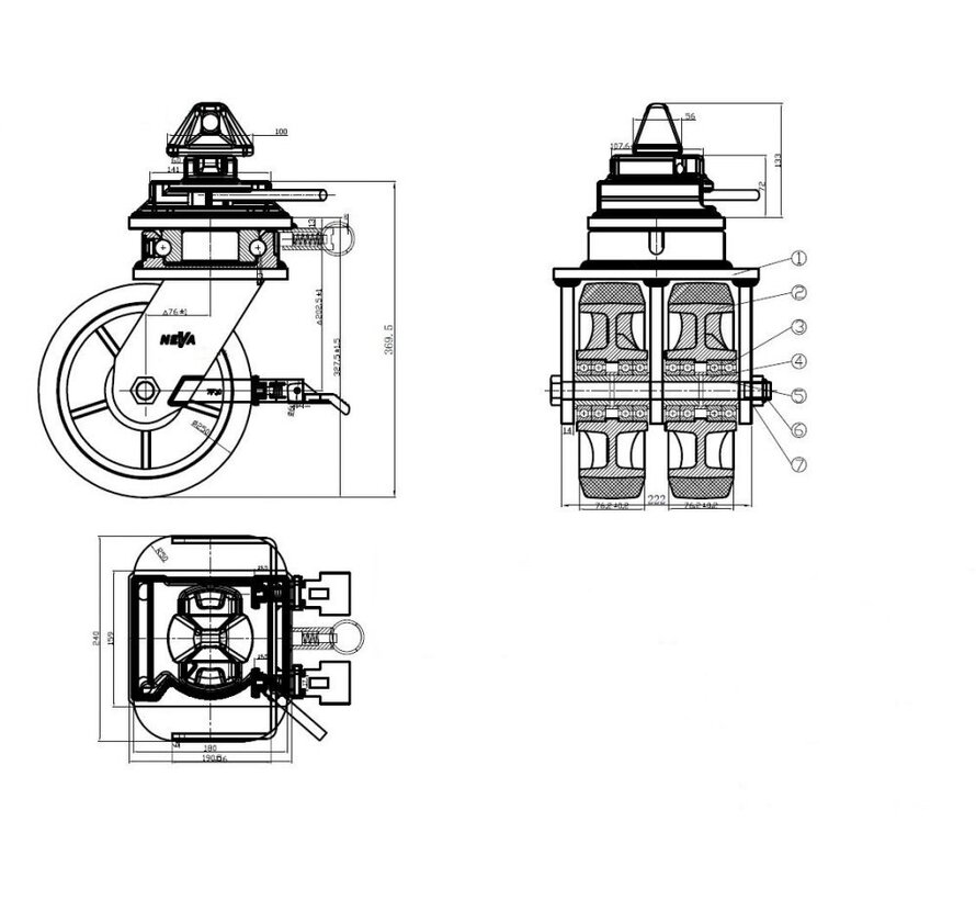 ISO sea container set swivel castors, Ø250x76 with ISO lock, and brake 13.500-18.000kg