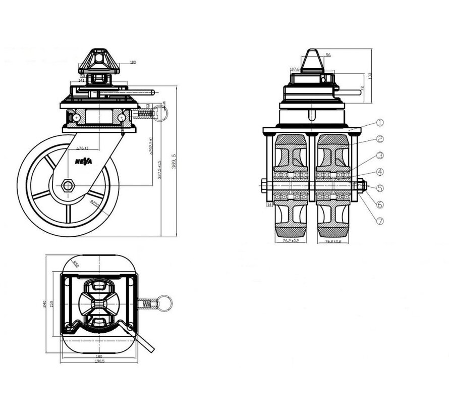 ISO sea container set swivel castors, Ø250x76 with ISO lock, and brake 13.500-18.000kg