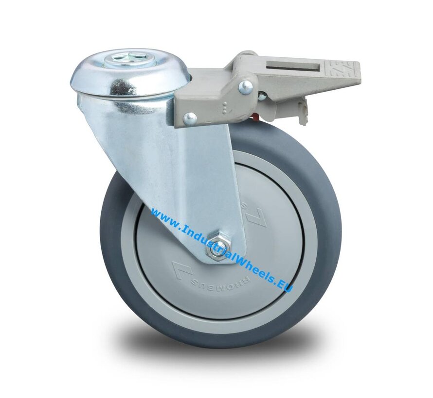 Institutional Swivel caster with brake from pressed steel, bolt hole, thermoplastic rubber grey non-marking, precision ball bearing, Wheel-Ø 80mm, 100KG