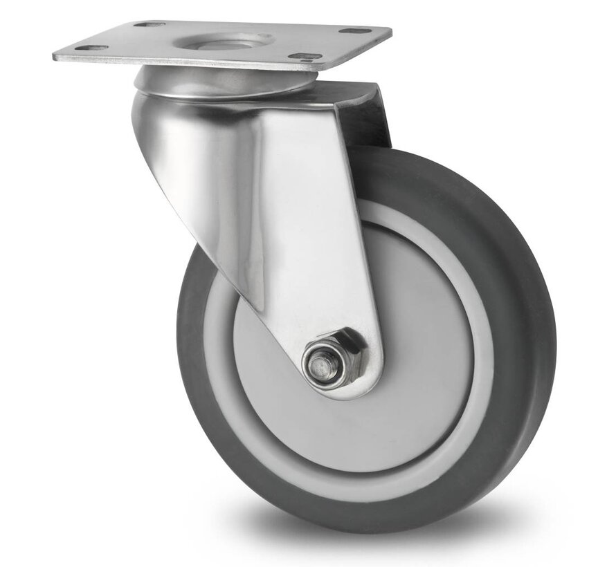 Stainless Steel Industrial Swivel caster from Stainless Steel Pressed, plate fitting, thermoplastic rubber grey non-marking, precision ball bearing, Wheel-Ø 125mm, 100KG