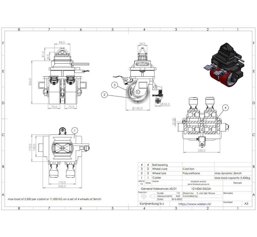 10.000 KG ISO-container hoek castor set van 4 zwenkwielen