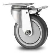 Stainless steel swivel castor with brake, Ø 100mm, grey non-marking thermoplastic rubber tyre, 80KG -