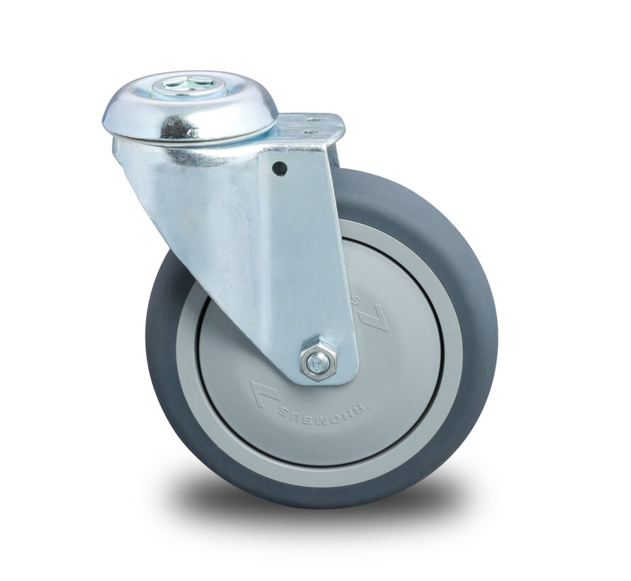 Institutioneel zwenkwiel van geperst staal, boutgat, thermoplastisch rubber grijs, niet-strepend, precisiekogellager, wiel-Ø 100 mm, 100 kg