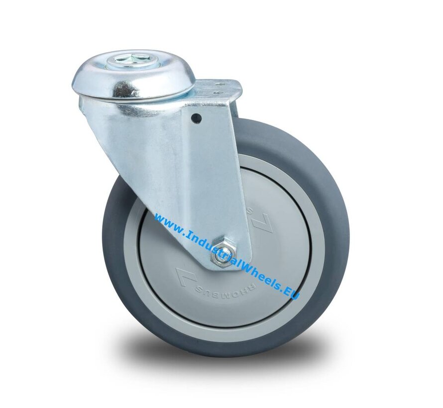 Institutioneel zwenkwiel van geperst staal, boutgat, thermoplastisch rubber grijs, niet-strepend, precisiekogellager, wiel-Ø 100 mm, 100 kg