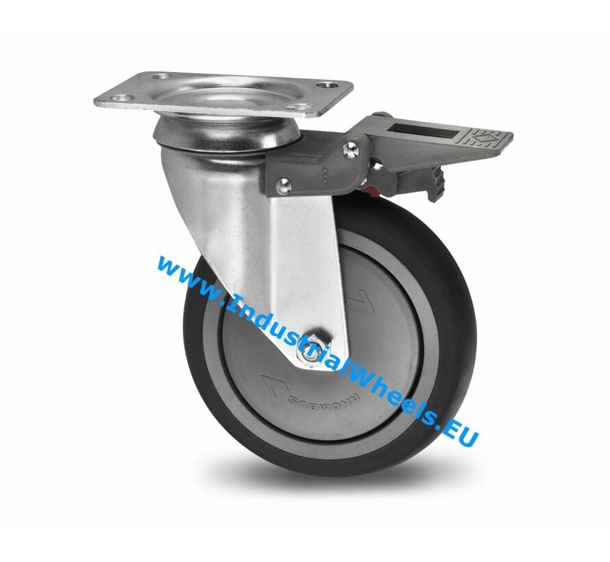 Institutional Swivel caster with brake from pressed steel, plate fitting, thermoplastic rubber grey non-marking, precision ball bearing, Wheel-Ø 100mm, 100KG