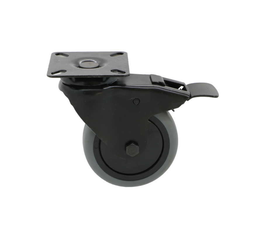 Zwarte apparatenzwenkwiel met rem van geperst staal, plaatbevestiging, thermoplastisch rubber grijs niet-strepend, precisiekogellagers, Wiel-Ø 75mm, 75KG