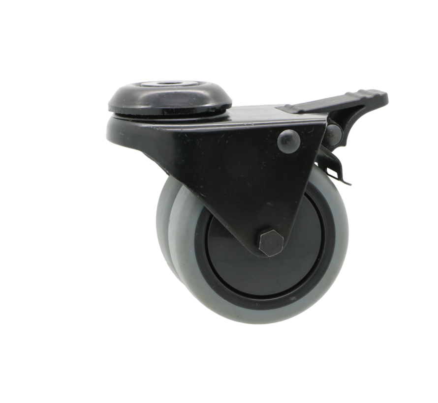 Black apparatus swivel caster with brake from pressed steel, bolt hole, Polypropylene Wheel, ball bearing, Wheel-Ø 75mm, 100KG