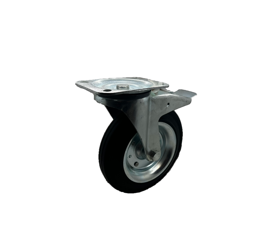 Swivel caster with brake. Ø 200mm, solid elastic rubber-tyre, pressed steel rim,  200KG