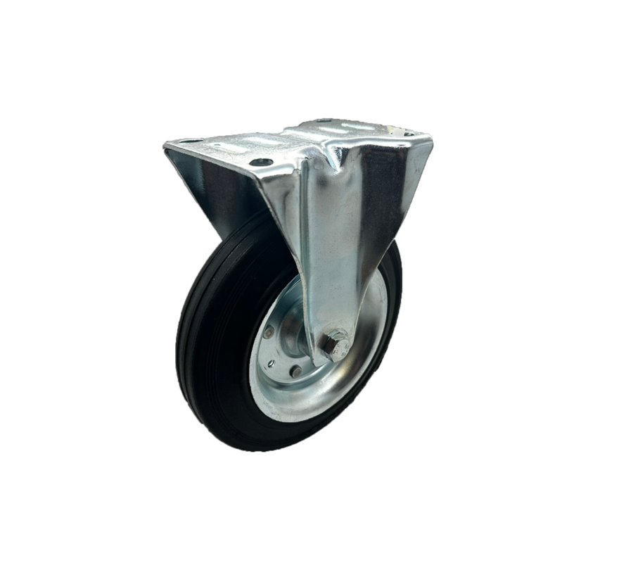Industrial Fixed caster from pressed steel, plate fitting, rubber, black, roller bearing, Wheel-Ø 200mm, 200KG