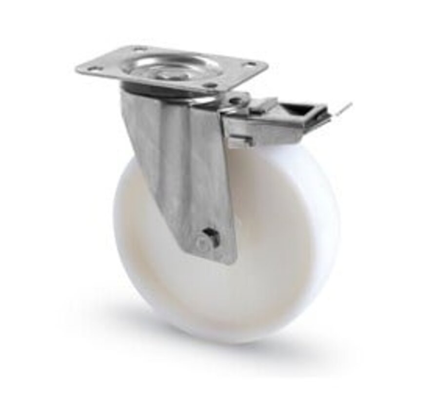 Heavy-Duty Stainless Steel Swivel Castor with Brake, Ø160mm Polyamide (PA6) Wheel, Plain Bearing – 300kg Load Capacity for Industrial Use