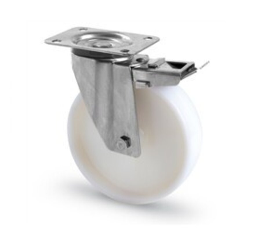 Heavy-Duty Stainless Steel Swivel Castor with Brake, Ø200mm Polyamide (PA6) Wheel, Plain Bearing – 300kg Load Capacity for Industrial Applications