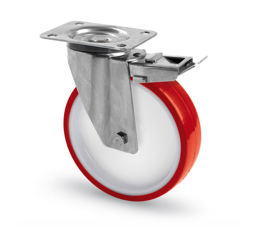 Stainless Steel Swivel Castor with Brake Ø200mm and Injected Polyurethane Wheel – Durable, Reliable, and Built for Industrial Use with 300kg Load Capacity