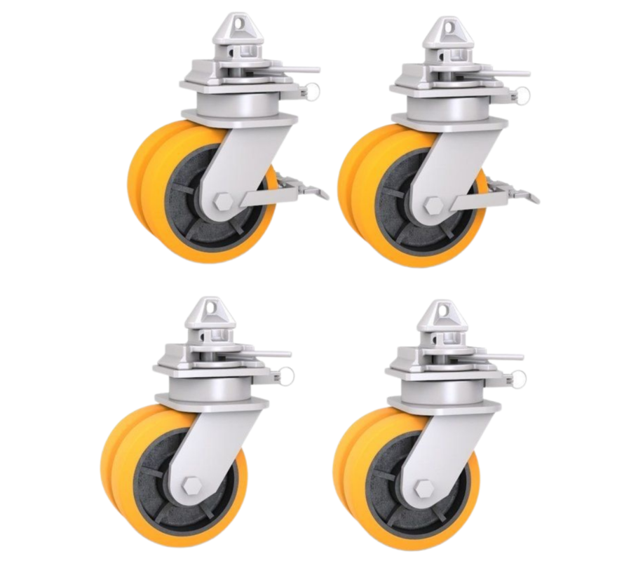 4 x Swivel castors for container. Combined load capacity at 4 km/h: 9,000 kg. Includes brake system, directional lock and twist-lock for mounting on 1161 ISO corner castings.