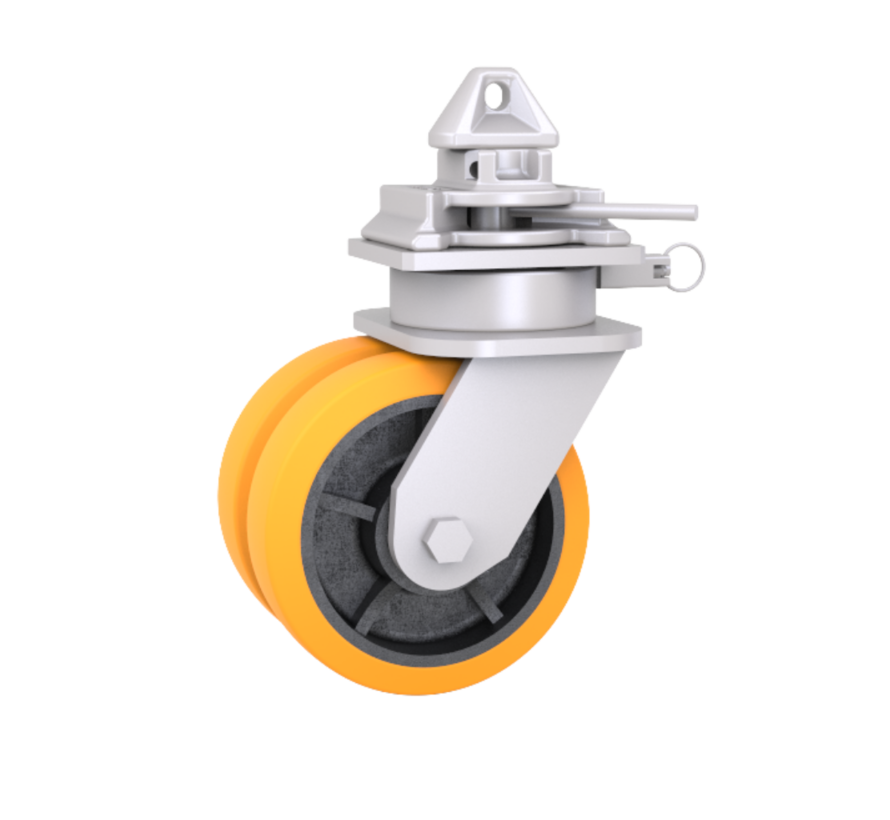 4 x Swivel castors for container. Combined load capacity at 4 km/h: 9,000 kg. Includes brake system, directional lock and twist-lock for mounting on 1161 ISO corner castings.