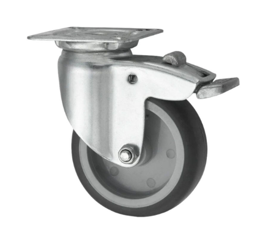 swivel castor with brake, Ø 75 mm, grey non-marking thermoplastic rubber tyre, 50KG