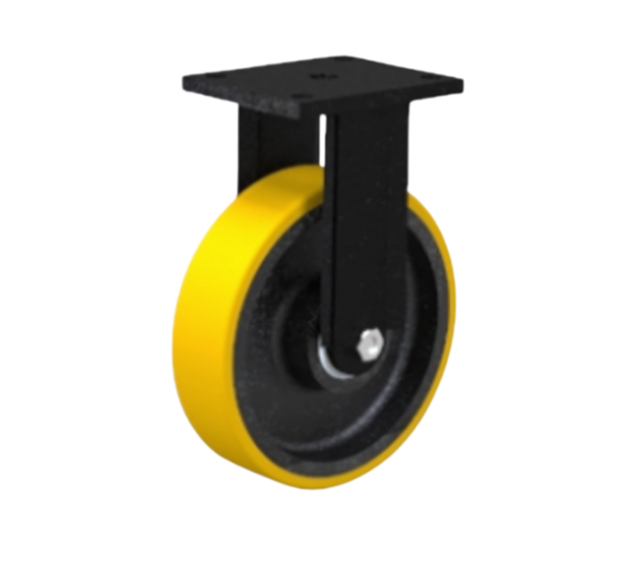 Heavy duty Fixed caster from Welded steel housing, plate fitting, Vulcanized Polyurethane tread, precision ball bearing, Wheel-Ø 250mm, 1400KG
