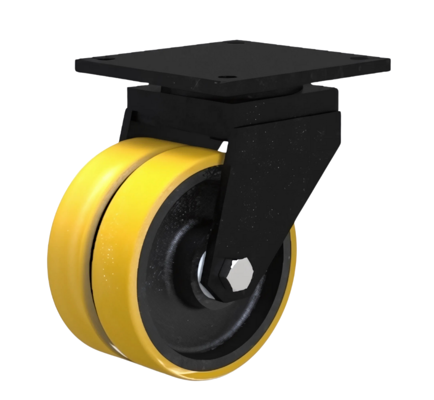Heavy duty Swivel caster from Welded steel housing, plate fitting, Vulcanized Polyurethane tread, precision ball bearing, Wheel-Ø 200mm, 1600KG