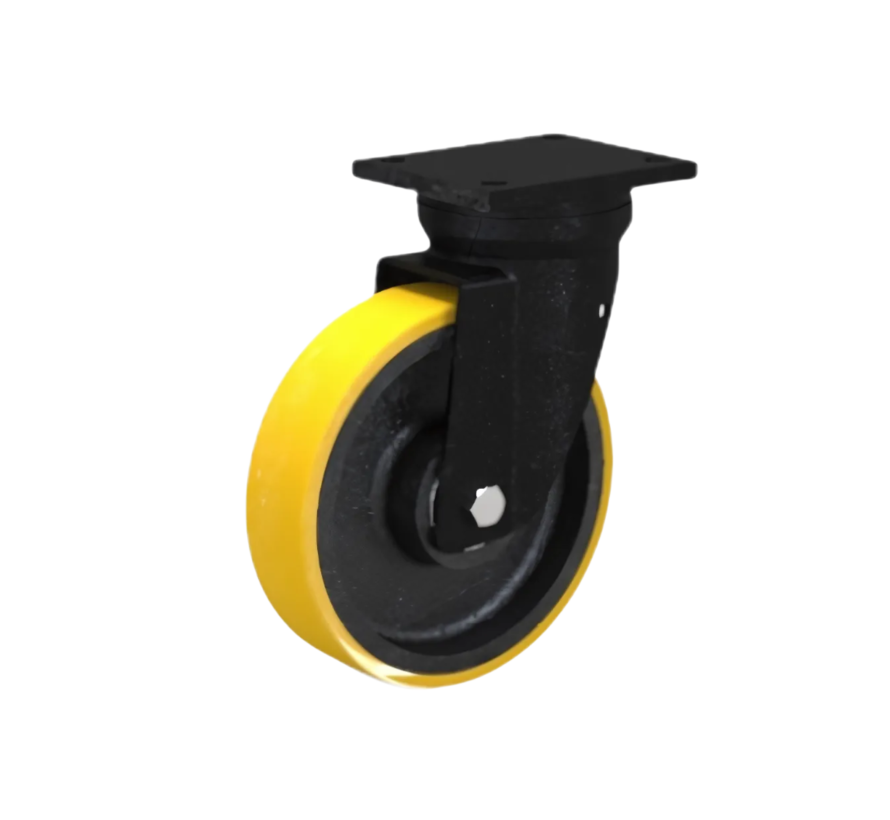 Heavy duty Swivel caster from Welded steel housing, plate fitting, Vulcanized Polyurethane tread, precision ball bearing, Wheel-Ø 150mm, 800KG