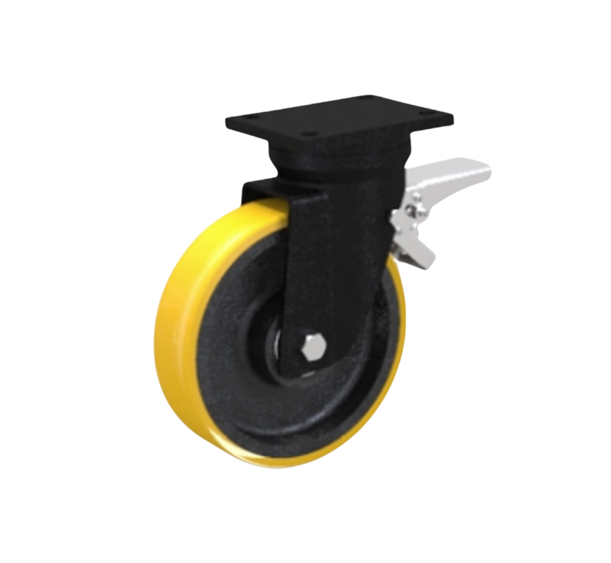 Heavy duty Swivel caster brake from Welded steel housing, plate fitting, Vulcanized Polyurethane tread, precision ball bearing, Wheel-Ø 100mm, 300KG
