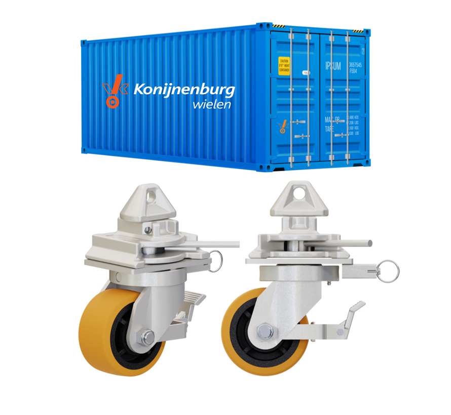 4 x castor wheels with twist-lock mechanisms which are easy to fit onto the corner castings of standard intermodal shipping containers