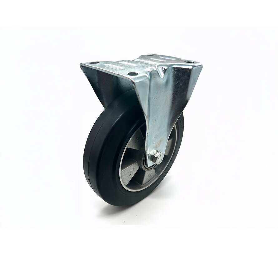 Industrial fixed castor from pressed steel, plate fitting, elastic rubber-tyre, precision ball bearing, Wheel-Ø 200mm, 400KG