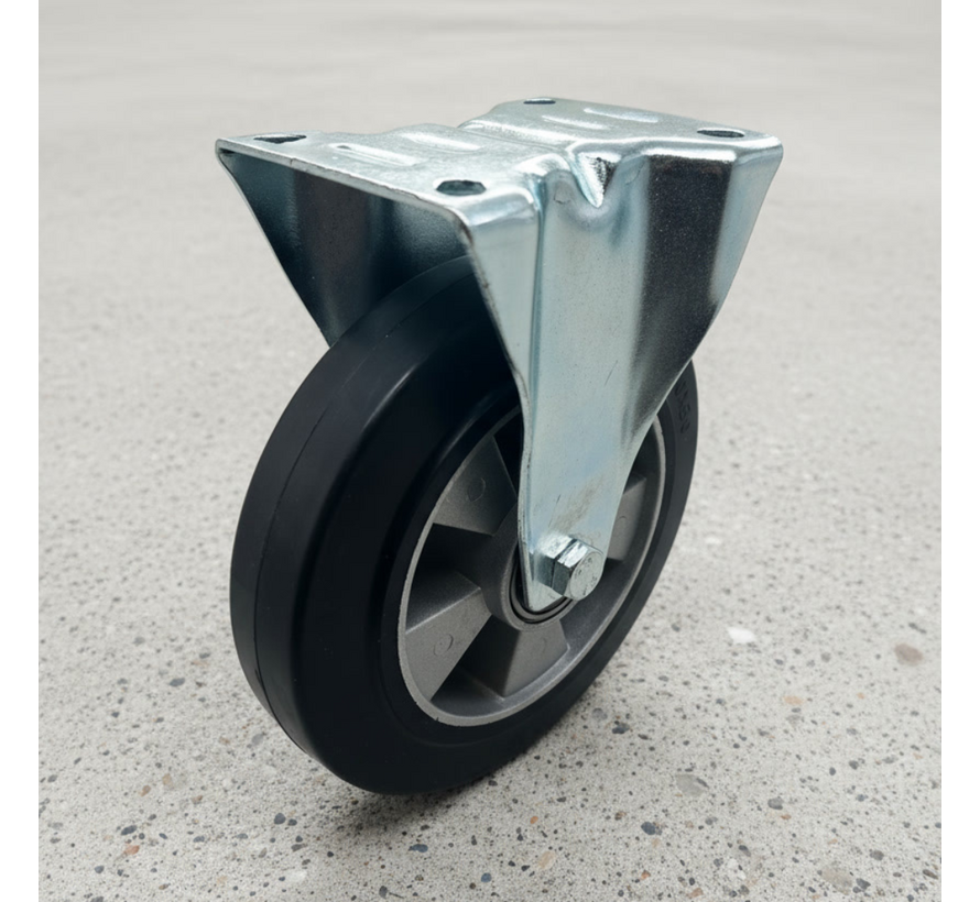 Industrial fixed castor from pressed steel, plate fitting, elastic rubber-tyre, precision ball bearing, Wheel-Ø 200mm, 400KG