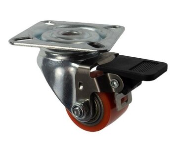 Swivel castor with plate fitting and brake, Ø 35 mm, vulcanised polyurethane tyre, 100kg