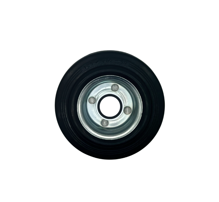 Industrieel wiel Ø100x30mm, zwarte massieve rubberen band, geperst stalen wielnaaf, rollager, asgat Ø12mm, naaflengte 40mm – draagvermogen 80kg