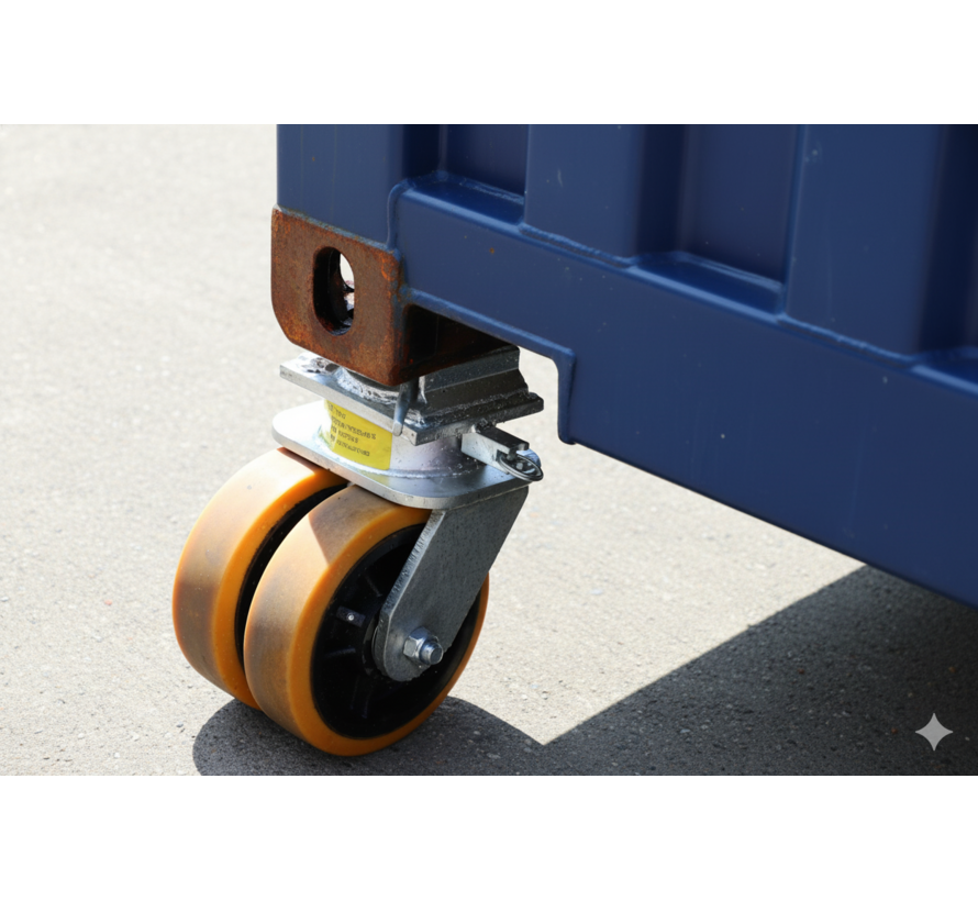 4 x Swivel castors for container. Combined load capacity at 4 km/h: 7500 kg. Includes brake system, directional lock and twist-lock for mounting on 1161 ISO corner castings.