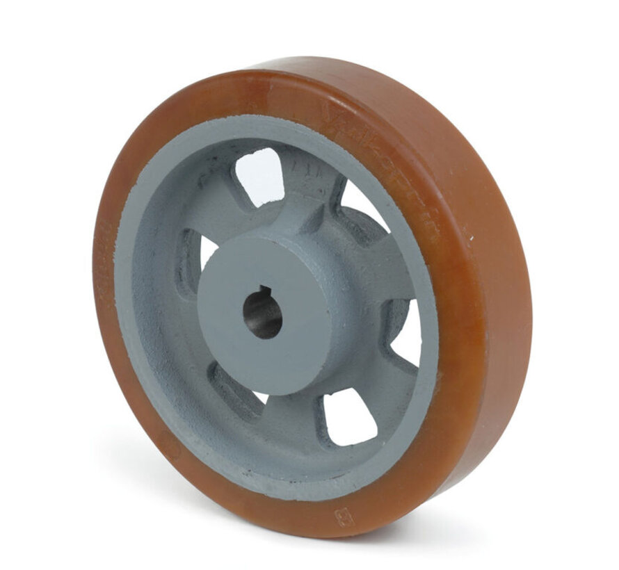 Zwaarlast aandrijfwiel Vulkollan® Covestro loopvlak gietijzer, H7-boring spiebaan DIN 6885 JS9, Wiel-Ø 200mm, 300KG